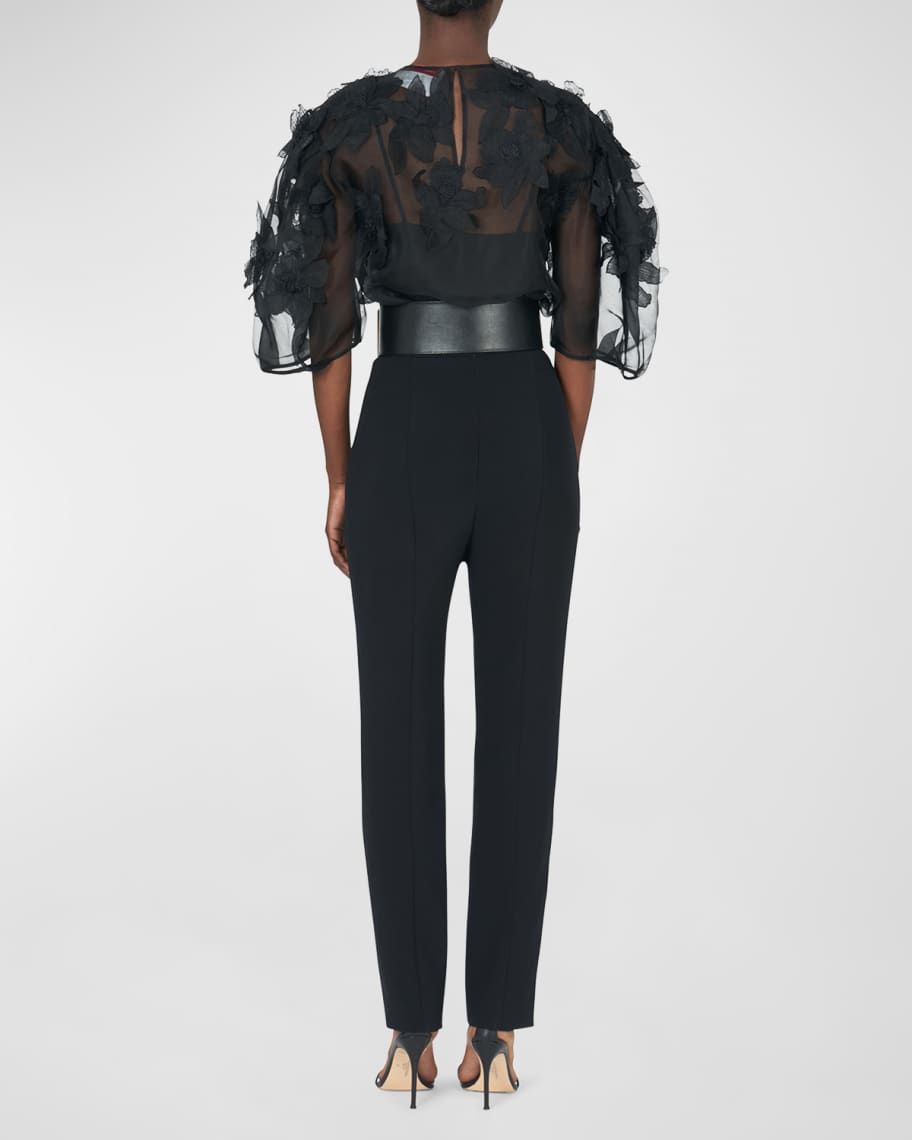 Image 3 of 6: Floral Embroidered Puff-Sleeve Sheer Top
