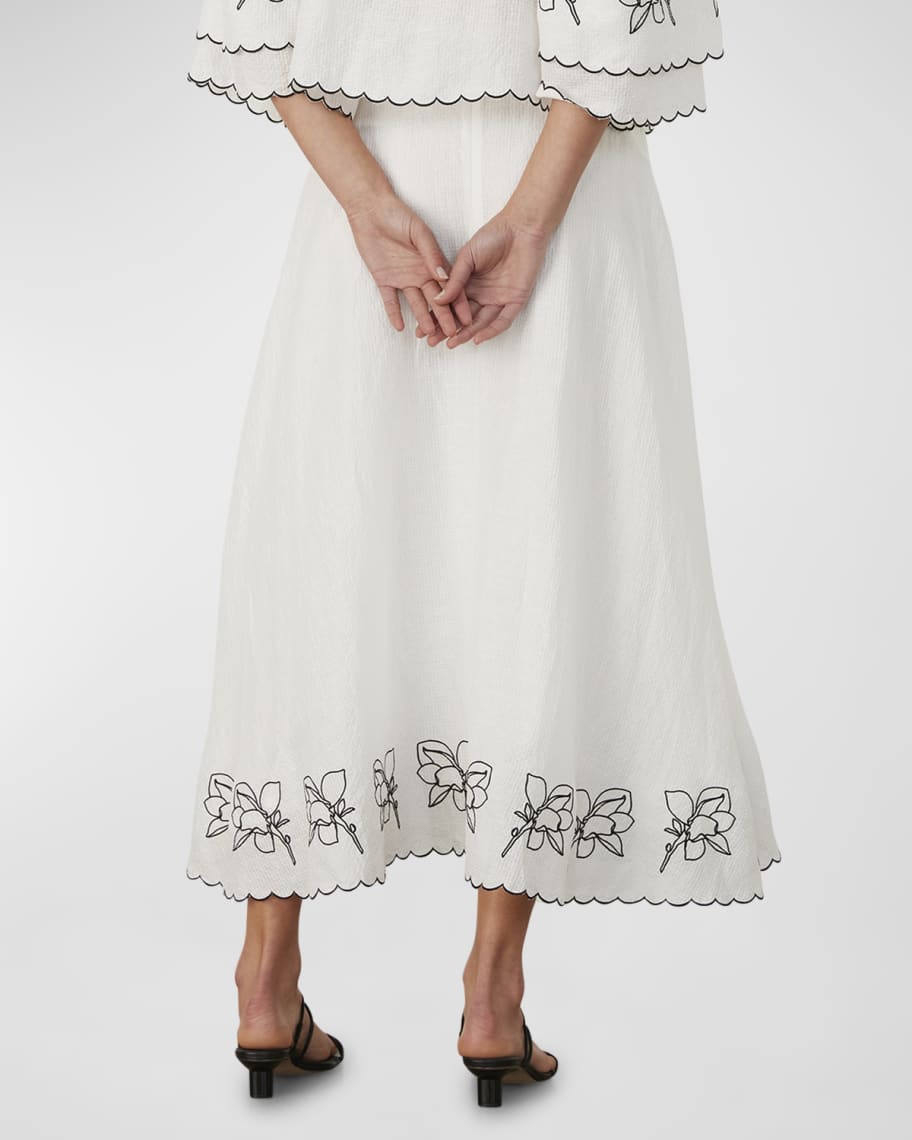 Image 3 of 5: Grace Floral-Embroidered Seersucker Midi Skirt