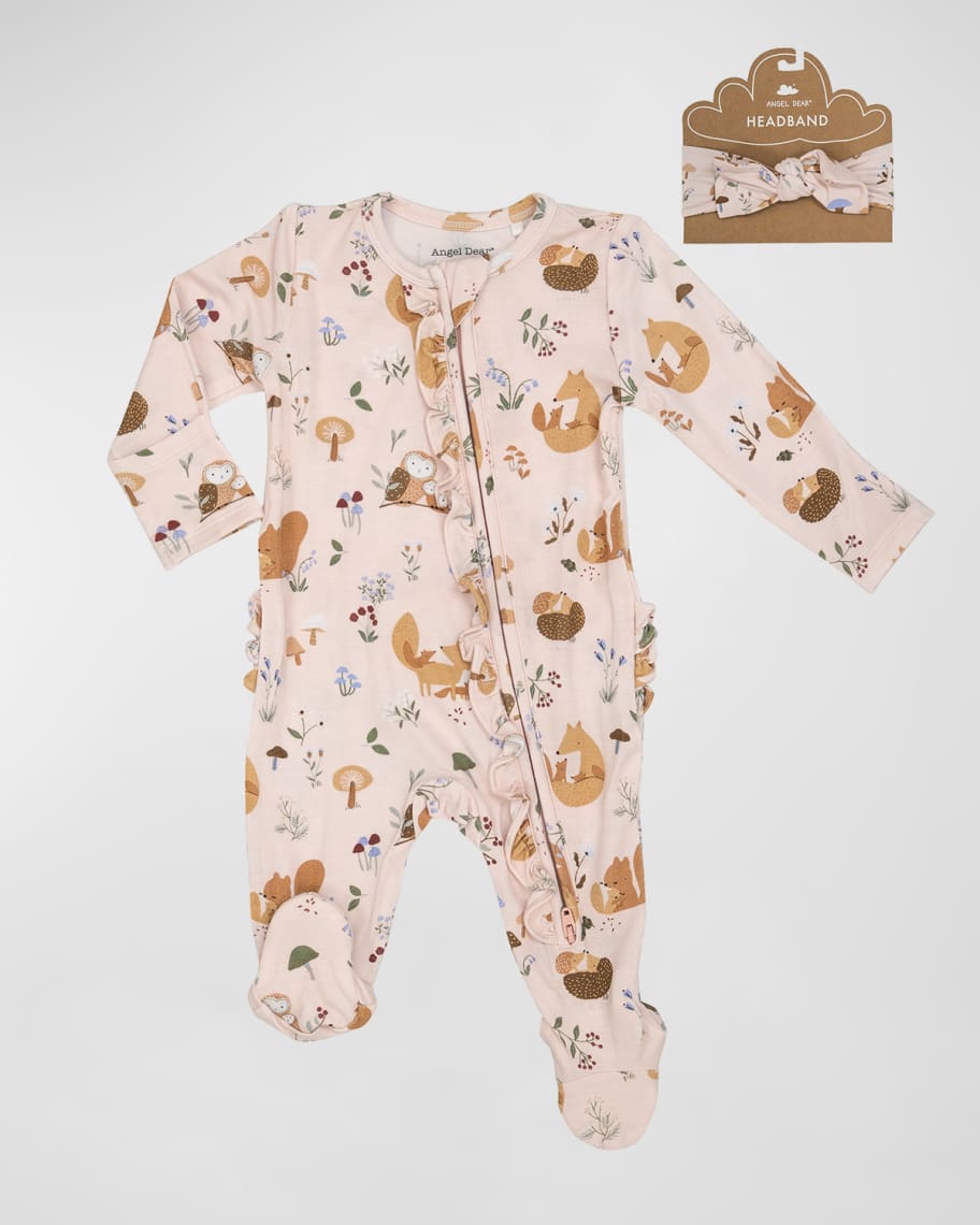 Angel Dear Girl's Woodland FamiliesPrint Ruffle Trim Footie W