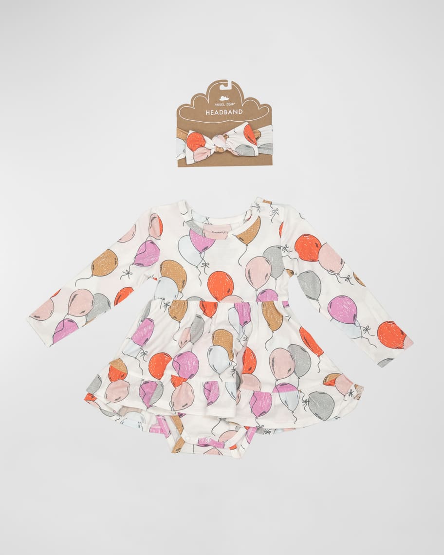 Angel Dear Girl's BalloonPrint Bodysuit Dress W/ Bow Headband, Size
