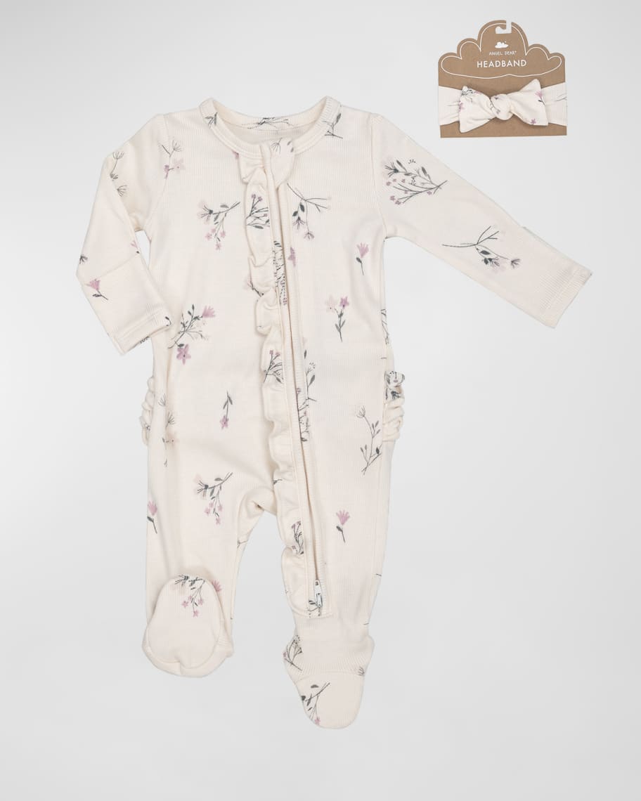 Angel Dear Girl's Wispy FloralPrint Ruffle Trim Footie, Size Newborn