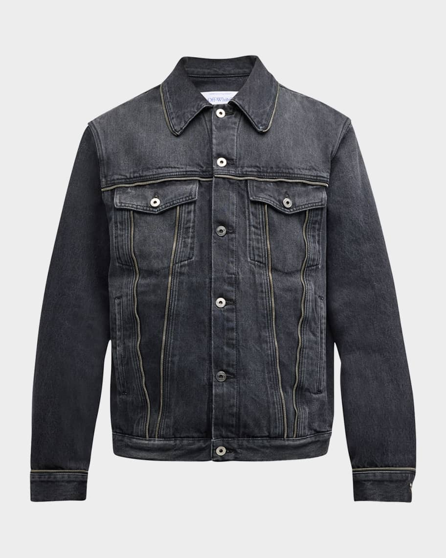Off White Men s Arrow Zipper Trim Denim Jacket Neiman Marcus