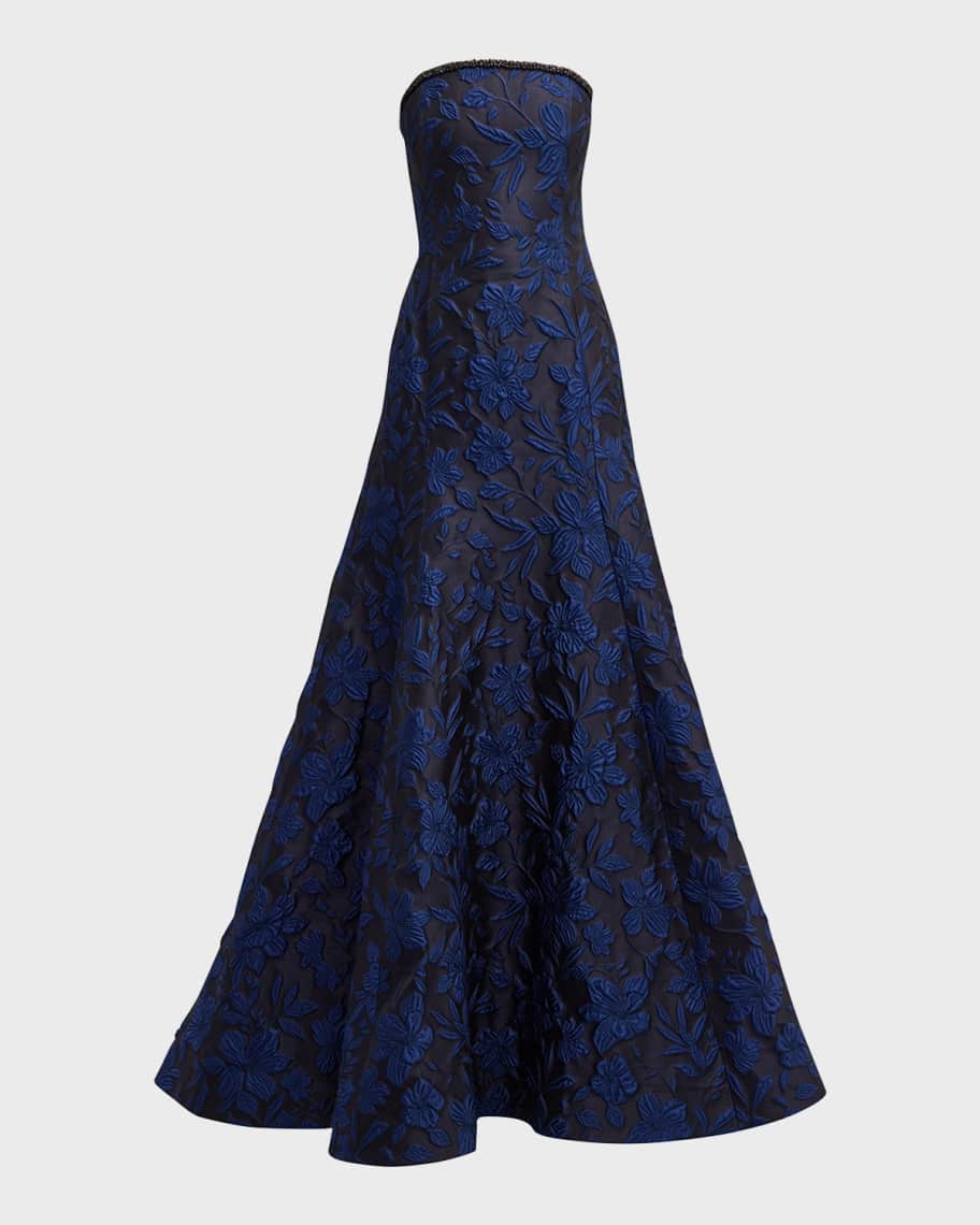 Naeem Khan Blue Jacquard Gown with Embroidered Detail Neiman Marcus