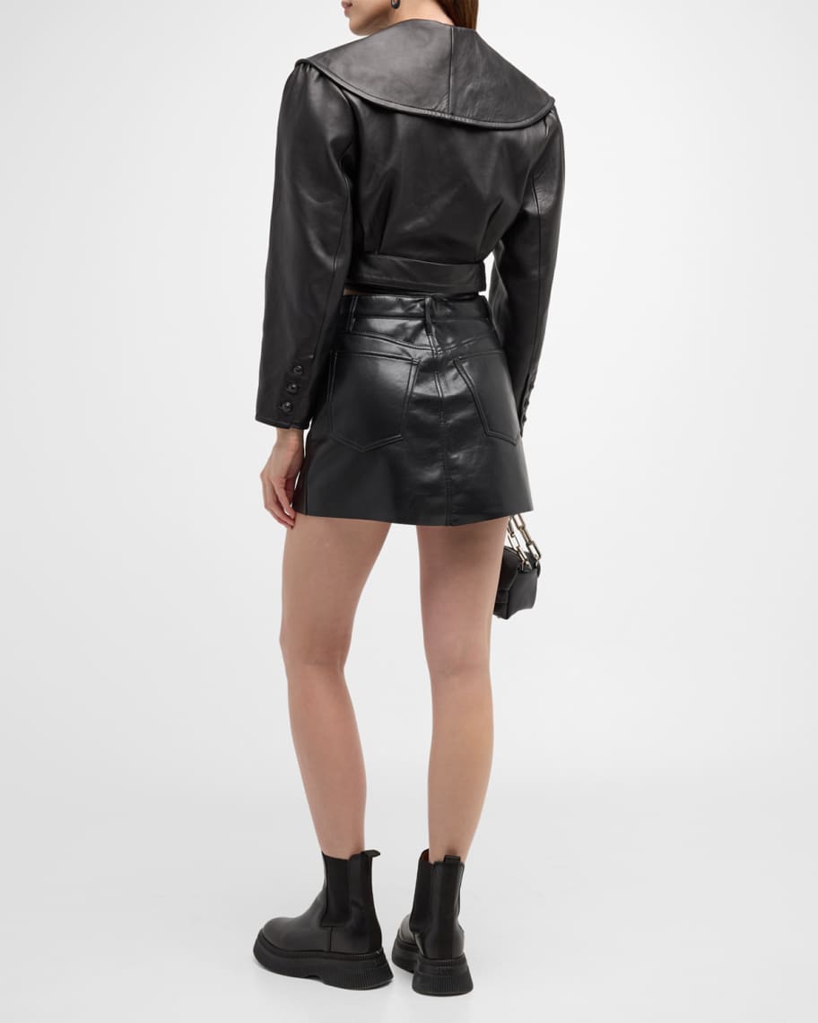 Image 3 of 6: Belted Crop Leather Jacket