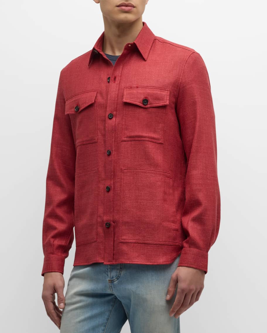 Isaia Men's 4-Pocket Textured Overshirt | Neiman Marcus