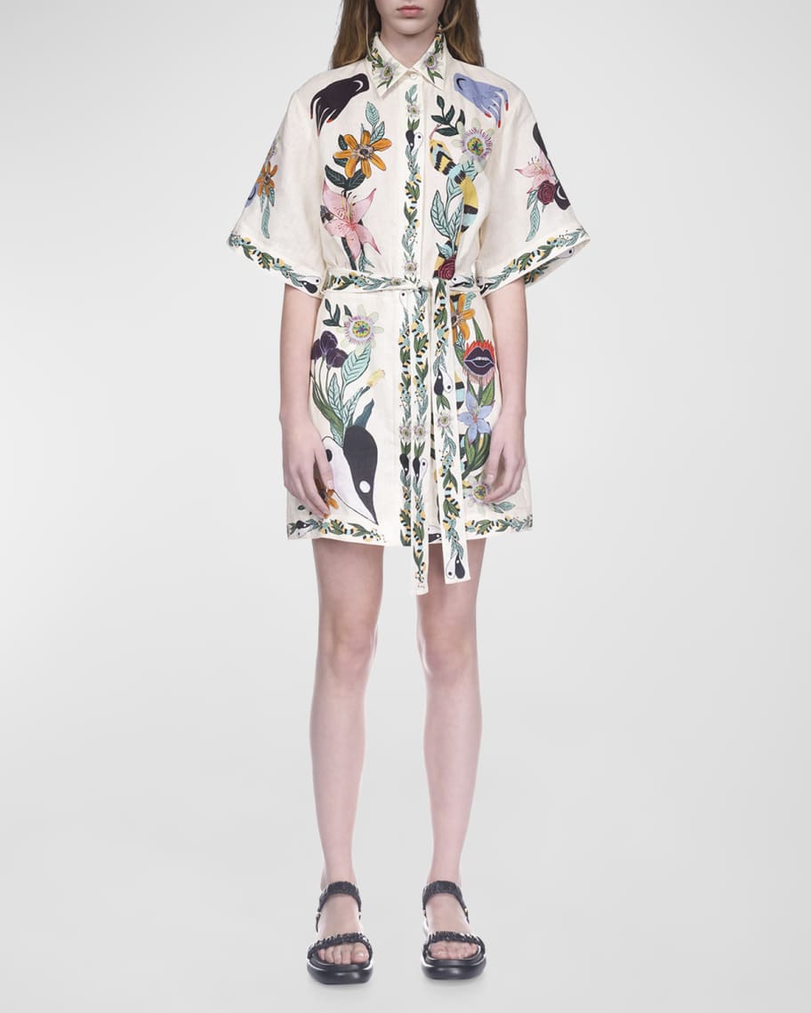 ALEMAIS Meagan Floral Linen Belted Mini Dress | Neiman Marcus