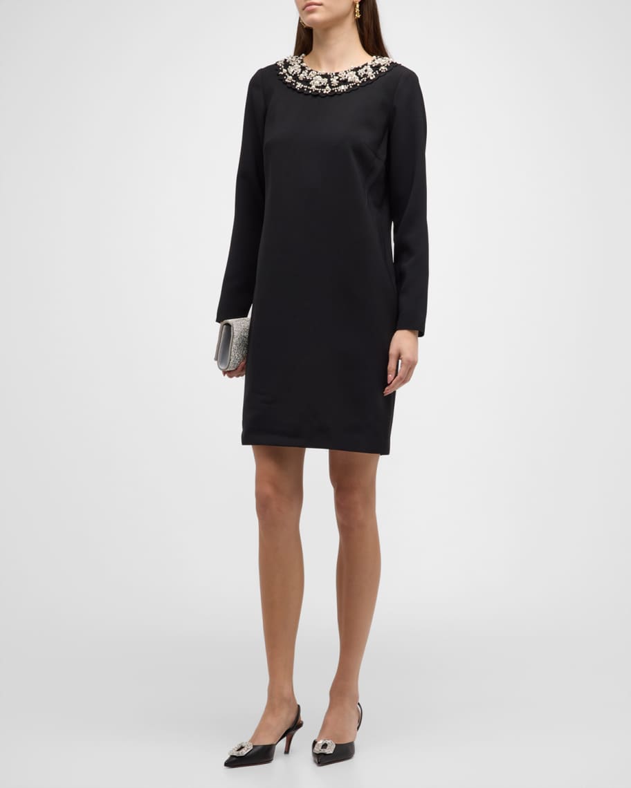 Image 1 of 6: Embellished Long-Sleeve Shift Mini Dress