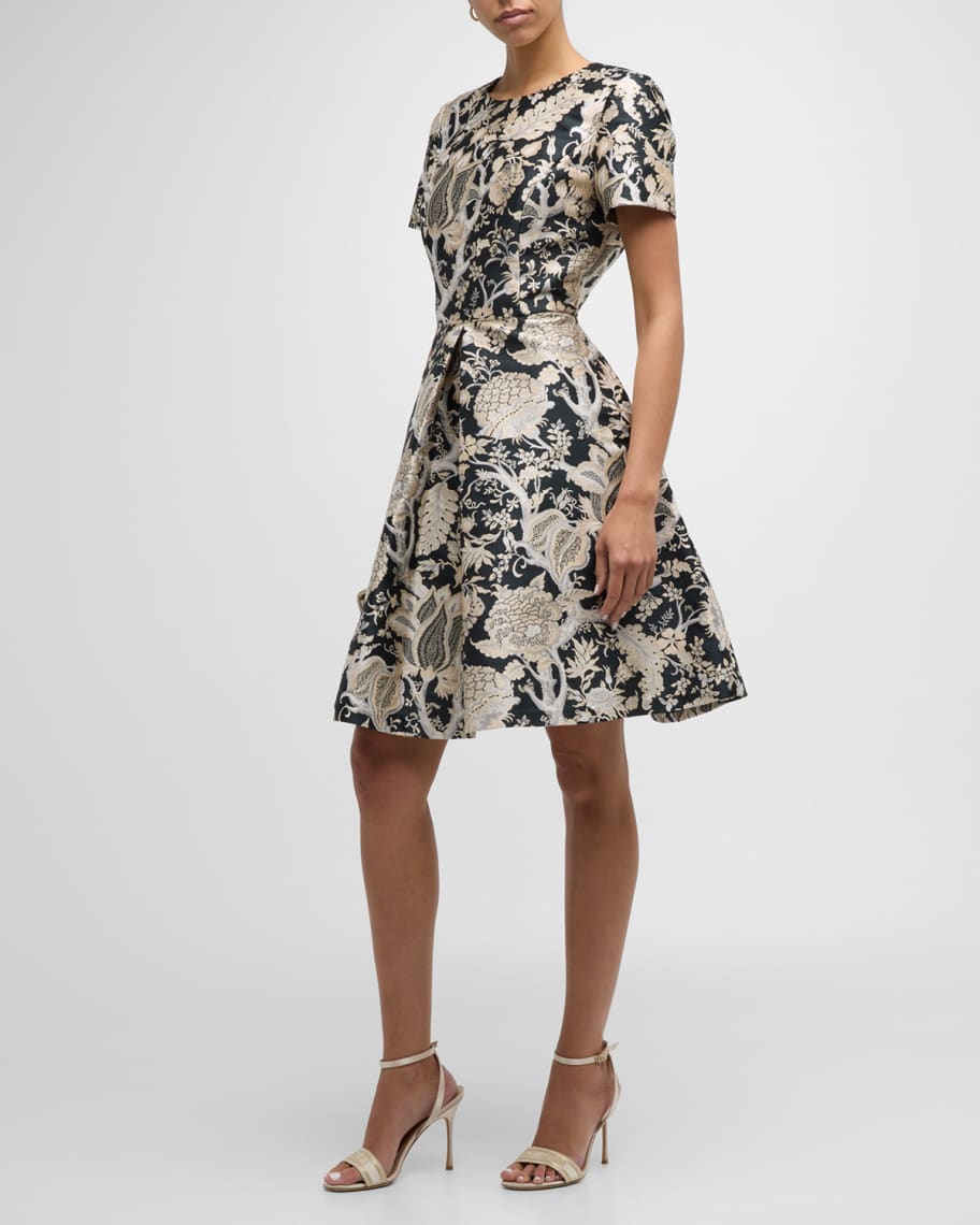 Carolina Herrera Jacquard A-Line Dress with Box Pleat | Neiman Marcus