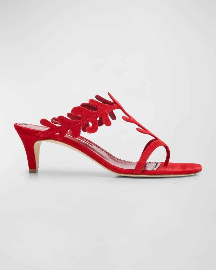 Manolo Blahnik Suede T-Strap Slide Sandals | Neiman Marcus