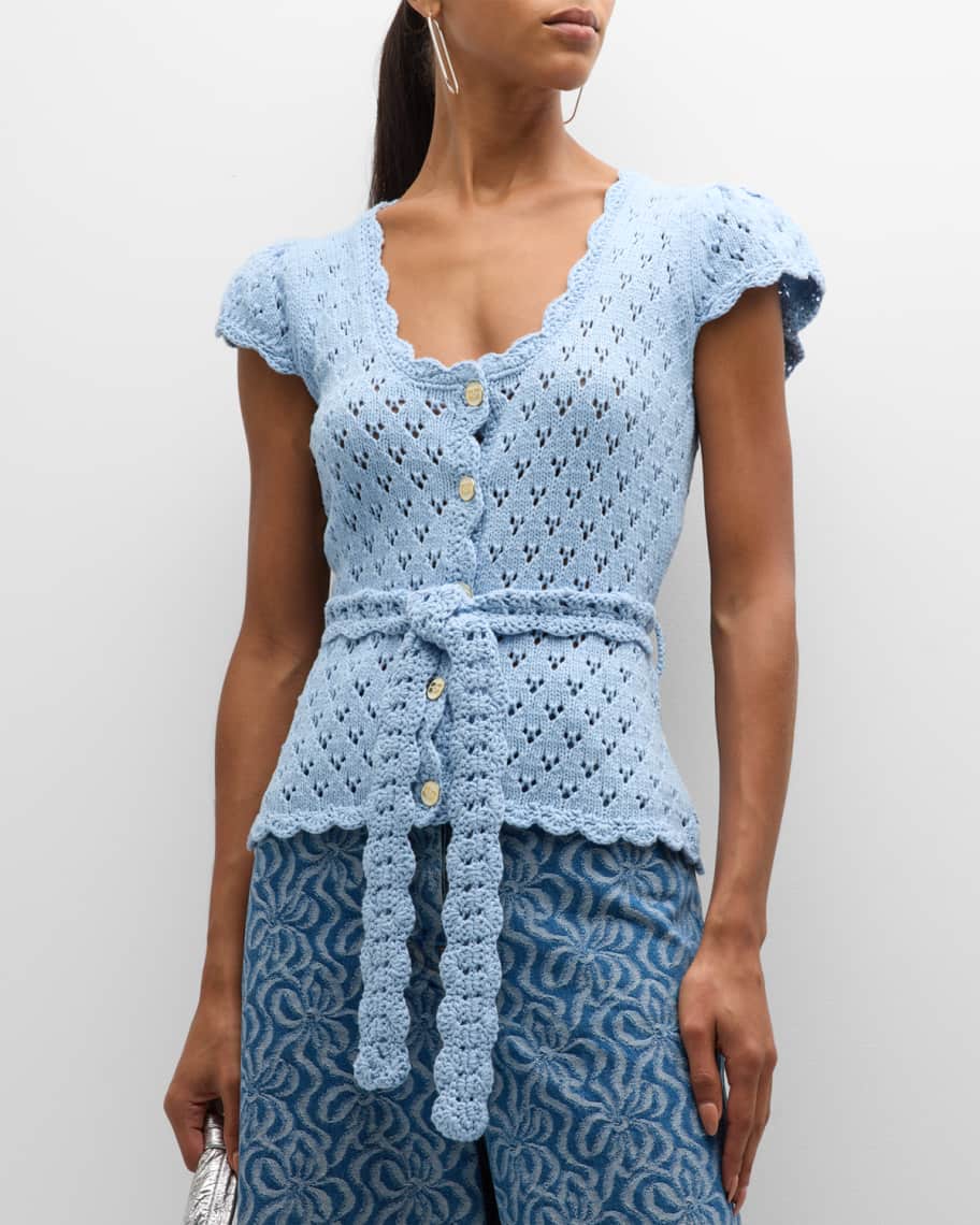 Ganni Short-Sleeve Cotton Lace Cardigan | Neiman Marcus
