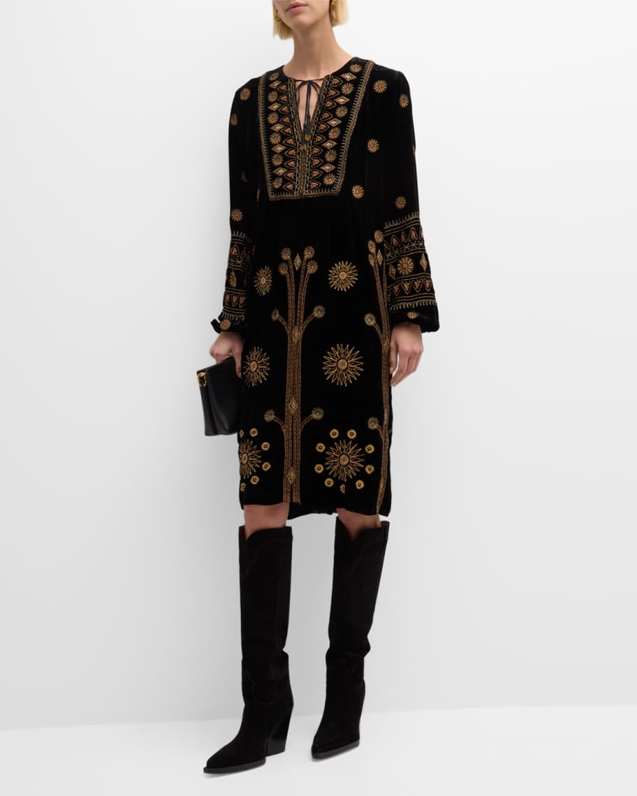 Johnny Was Heidi Embroidered Tie Neck Velvet Dress Neiman Marcus