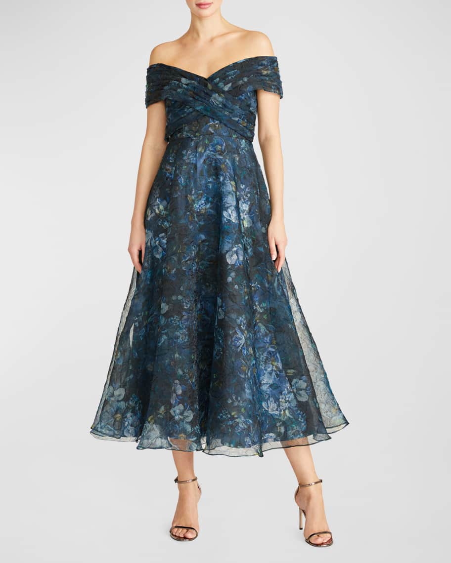Theia Auden Floral-Print Off-Shoulder Midi Dress | Neiman Marcus