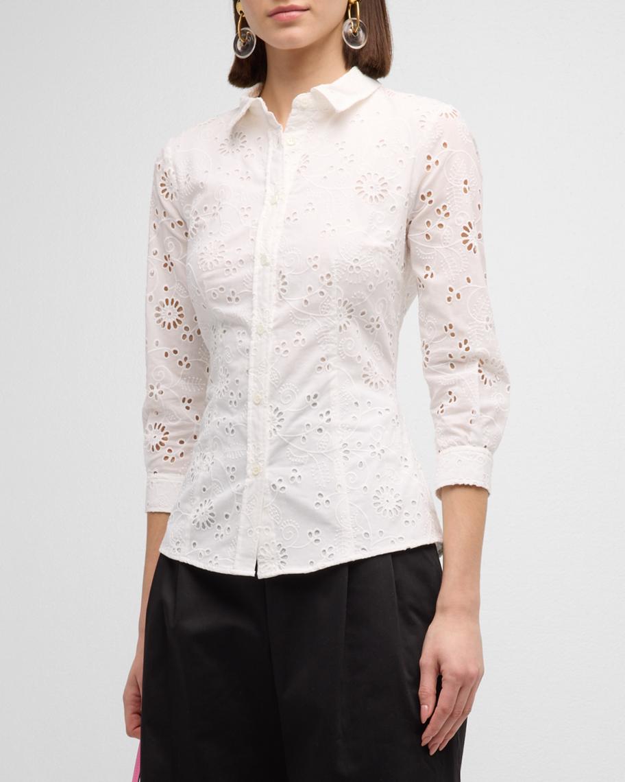 BARBOUR Womens White Textured Embroidered Cuffed Curved Hem Slitted Striped 3/4 Sleeve Collared Button Up Top main image 0