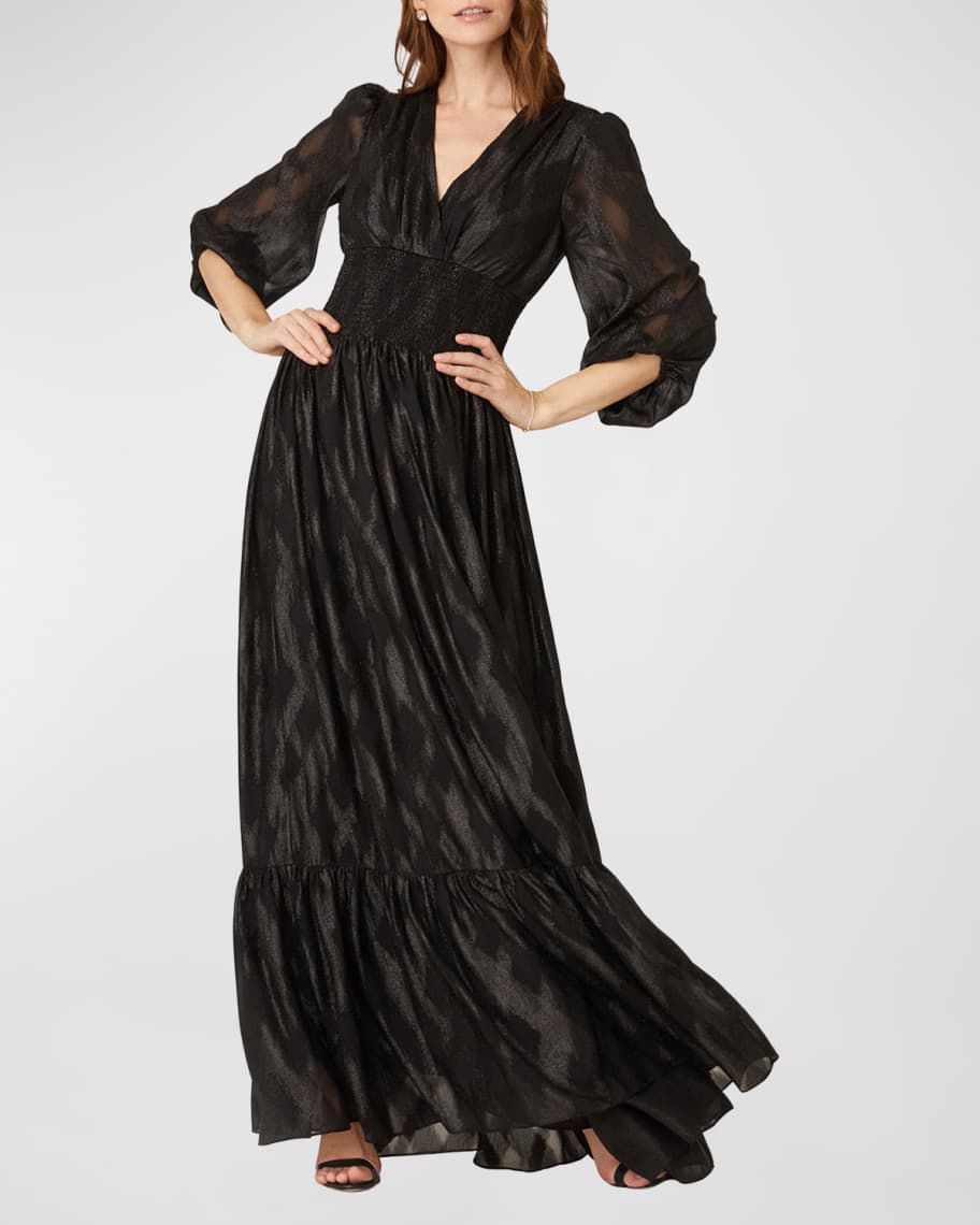 Shoshanna Smocked Blouson-Sleeve Shimmer Diamond Gown | Neiman Marcus