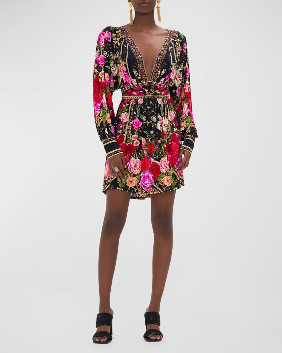 Camilla V-Neck Shaped Waistband Jersey Mini Dress | Neiman Marcus