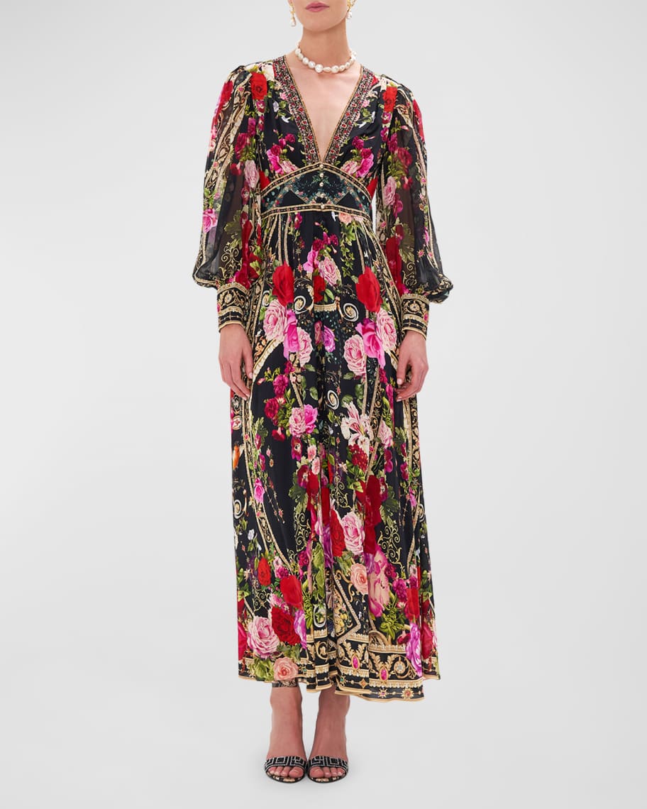 Camilla Shaped Waistband Silk Dress with Gathered Sleeves | Neiman Marcus