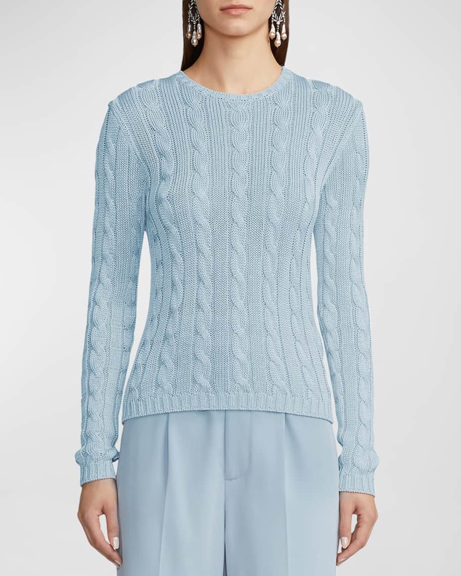 Image 1 of 5: High Shine Silk Cable-Knit Sweater