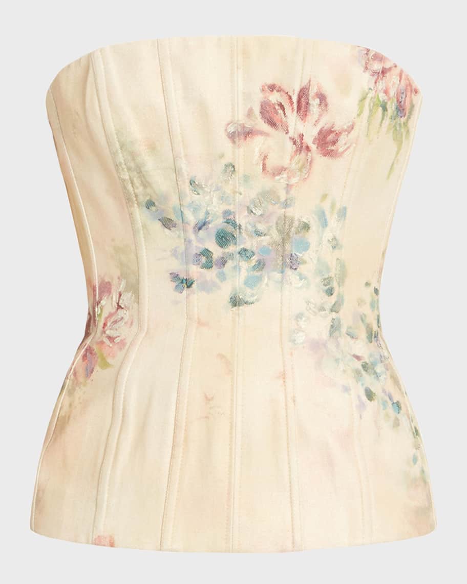 Image 2 of 5: Evia Faded Floral Denim Bustier Top