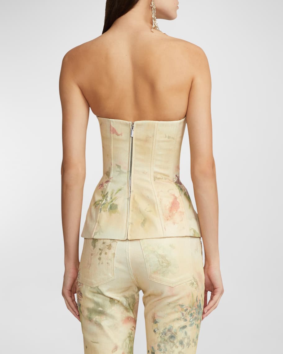 Image 3 of 5: Evia Faded Floral Denim Bustier Top