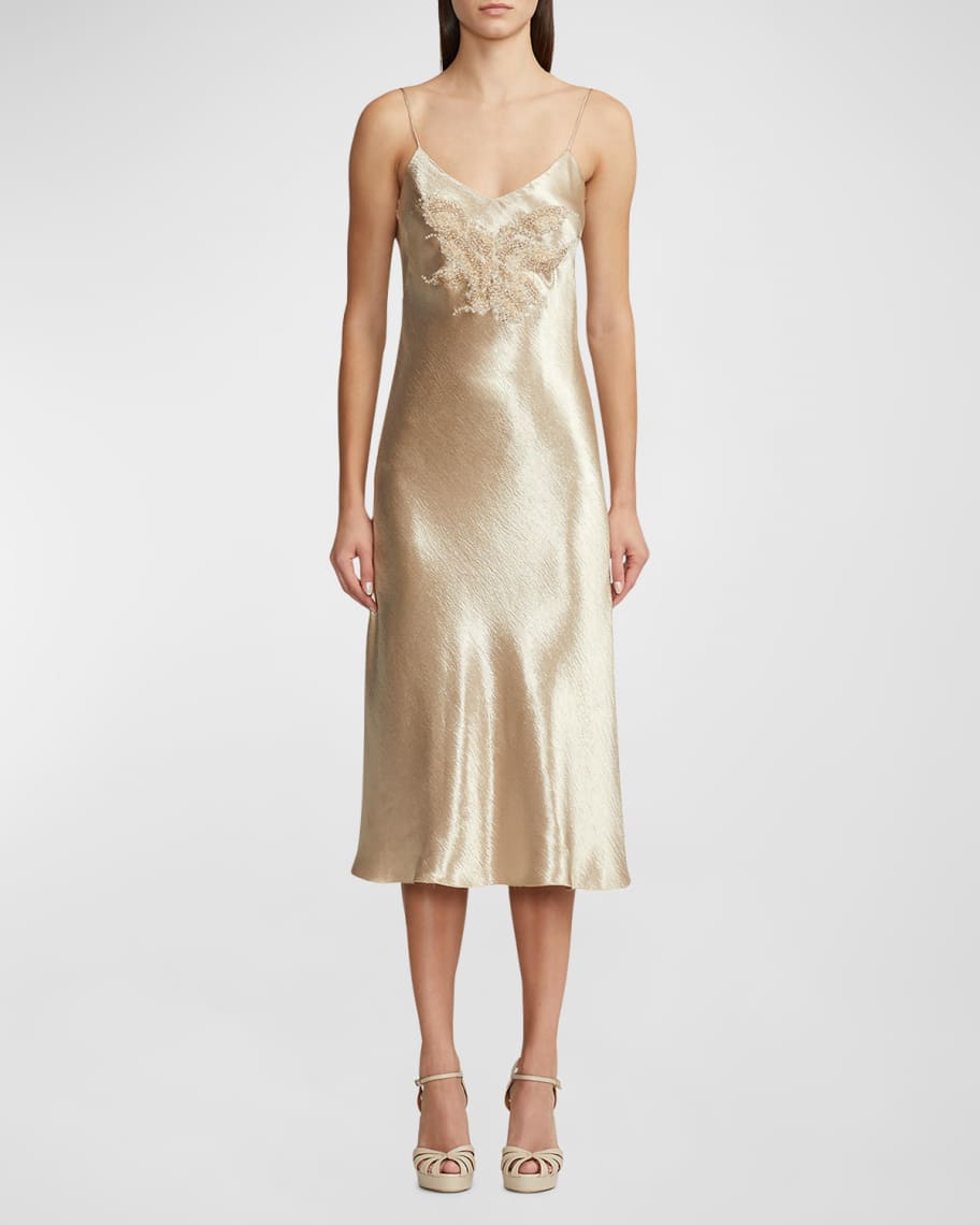 Ralph Lauren Collection Rebekka Hammered Satin Midi Dress with Beading ...