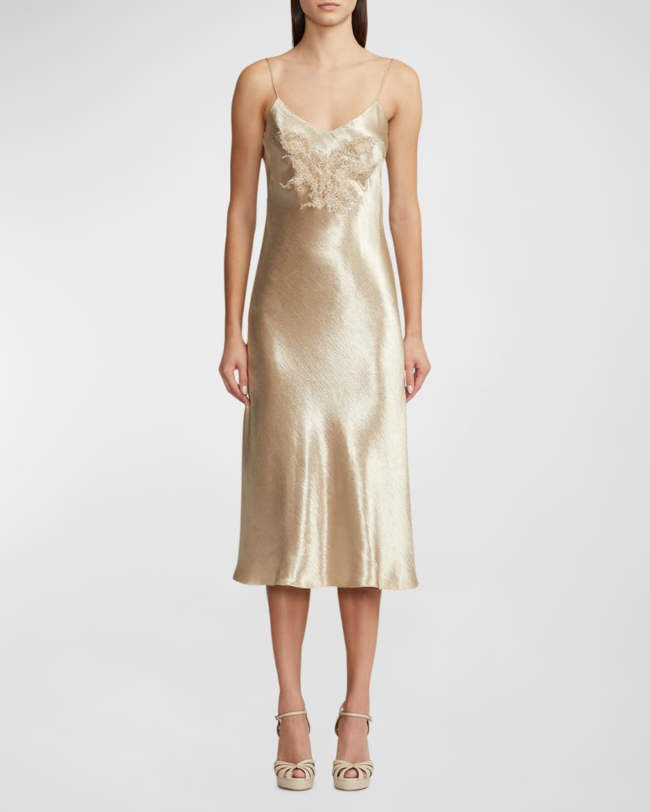 Image 1 of 5: Rebekka Hammered Satin Midi Dress with Beading