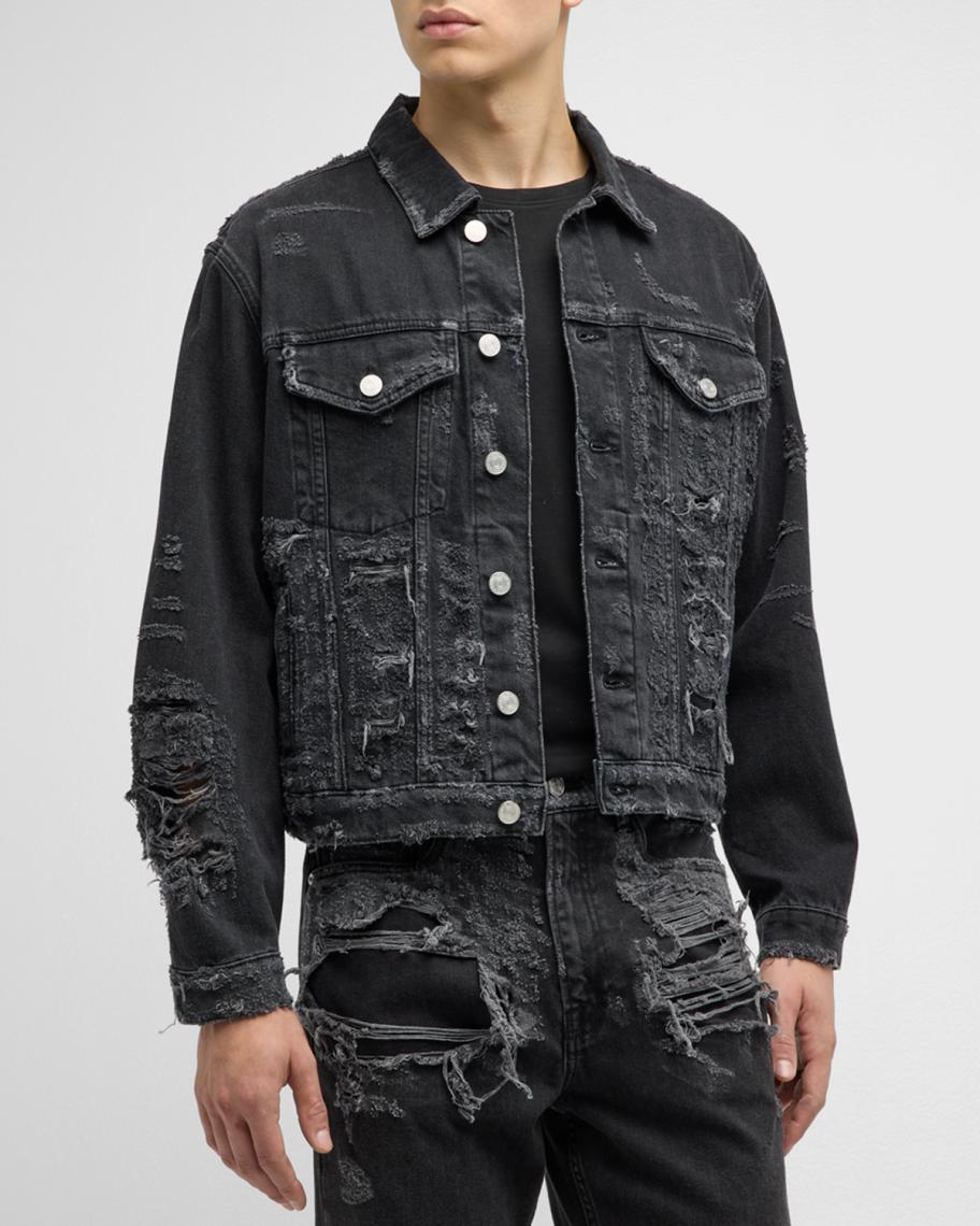 FRAME Men's Destroyed Denim Trucker Jacket | Neiman Marcus