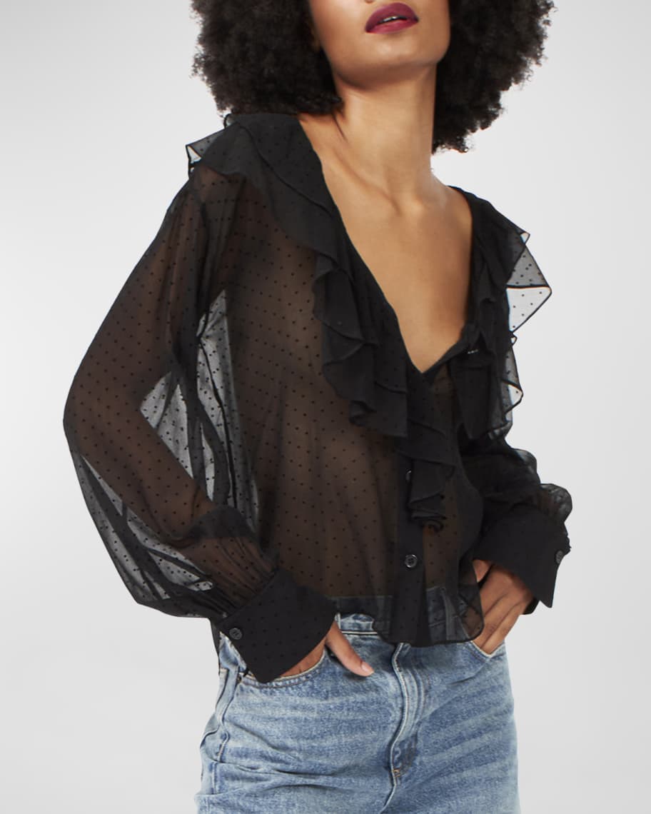 L'Agence Sheer Polka-dot Shirt in Black