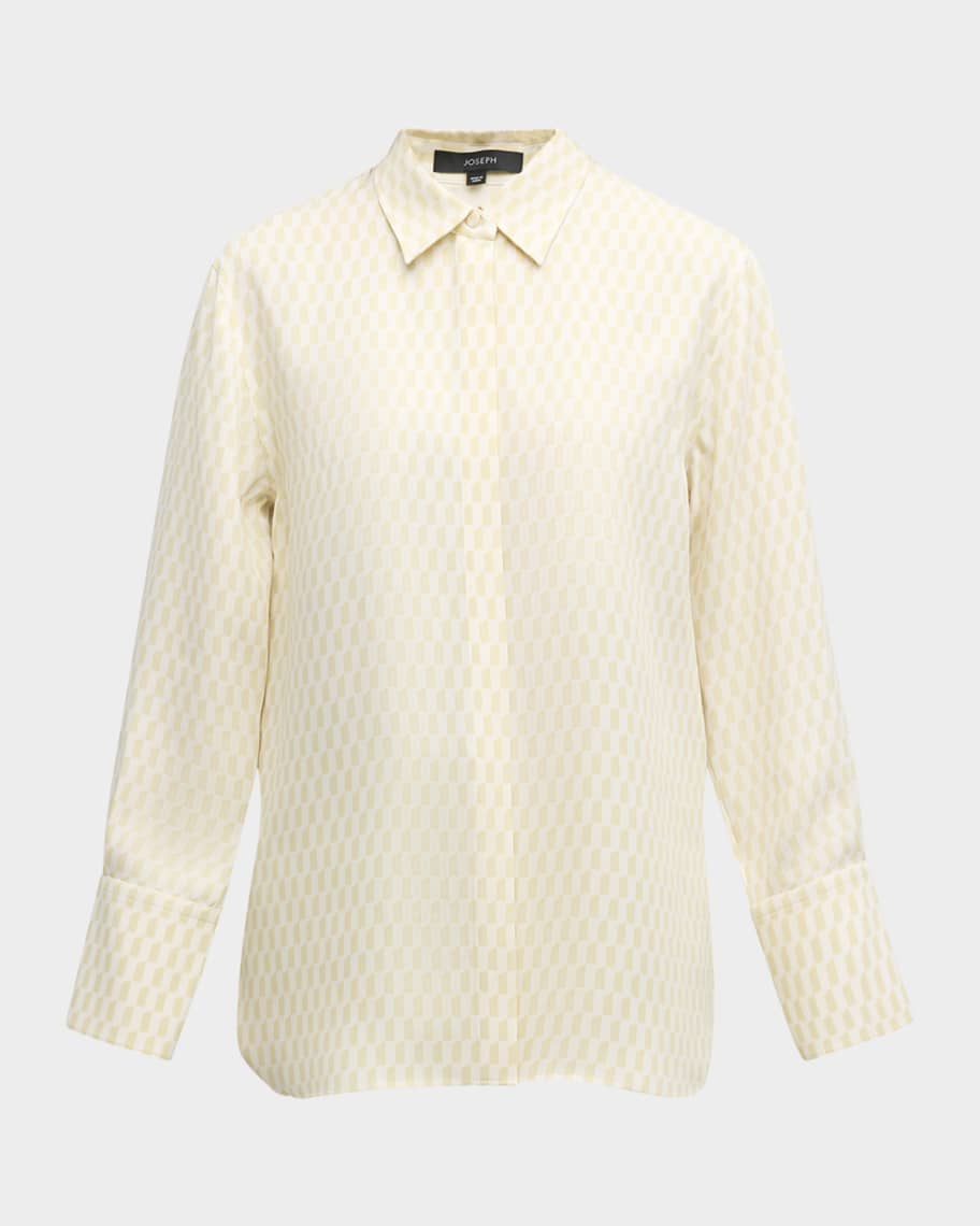 Image 1 of 6: Geometric-Print Button-Down Silk Blouse