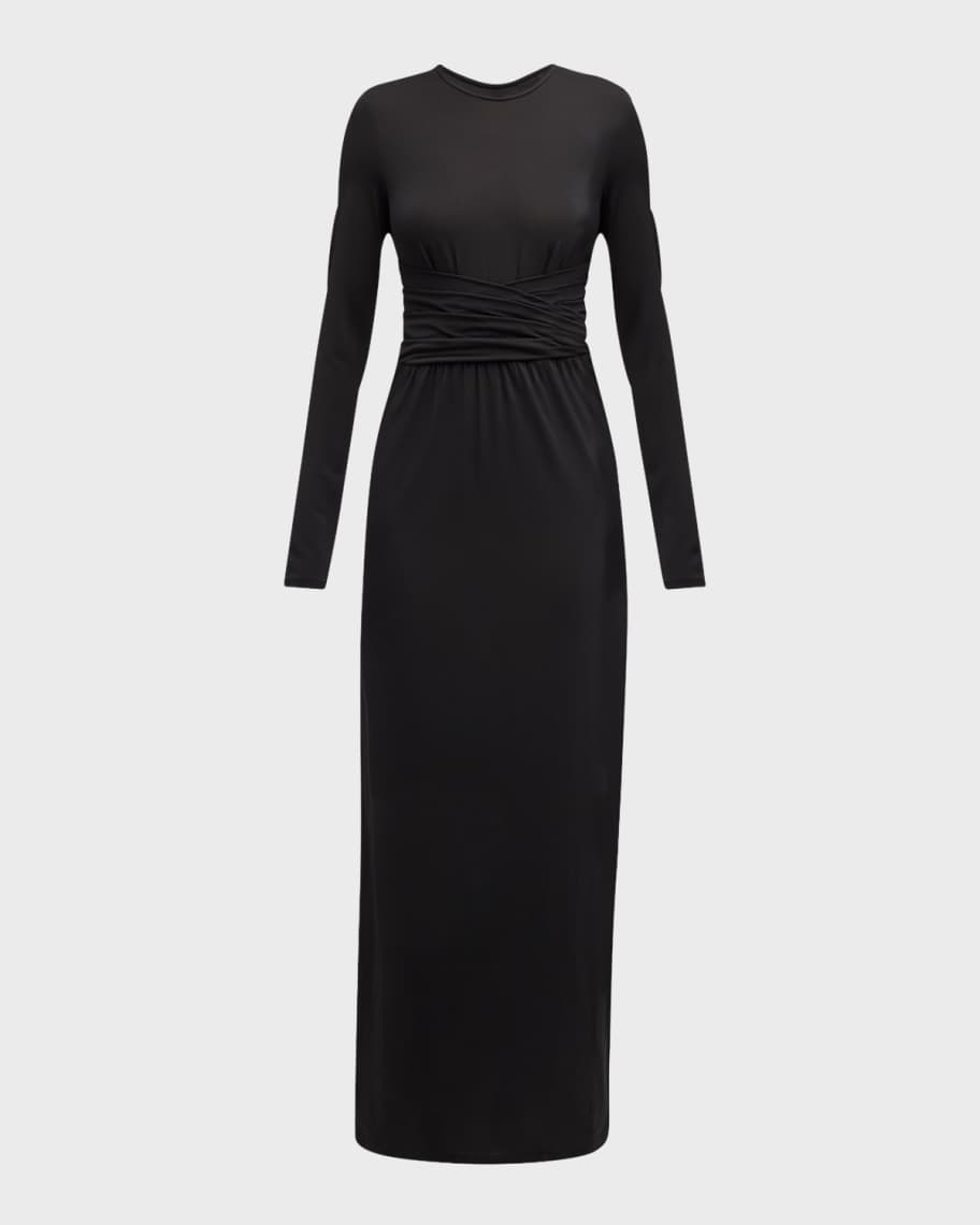 Emporio Armani Pleated Long-Sleeve Jersey Column Gown | Neiman Marcus