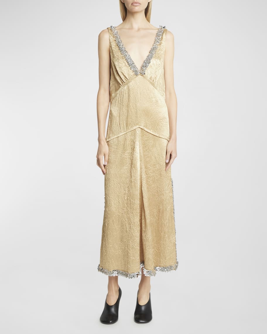 Image 1 of 5: Mira Beaded Crinkle Satin Midi Slip Dress