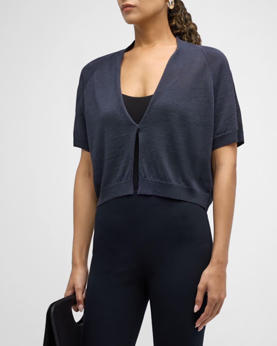 Image 1 of 6: Short-Sleeve Bead-Trim Knit Cardigan