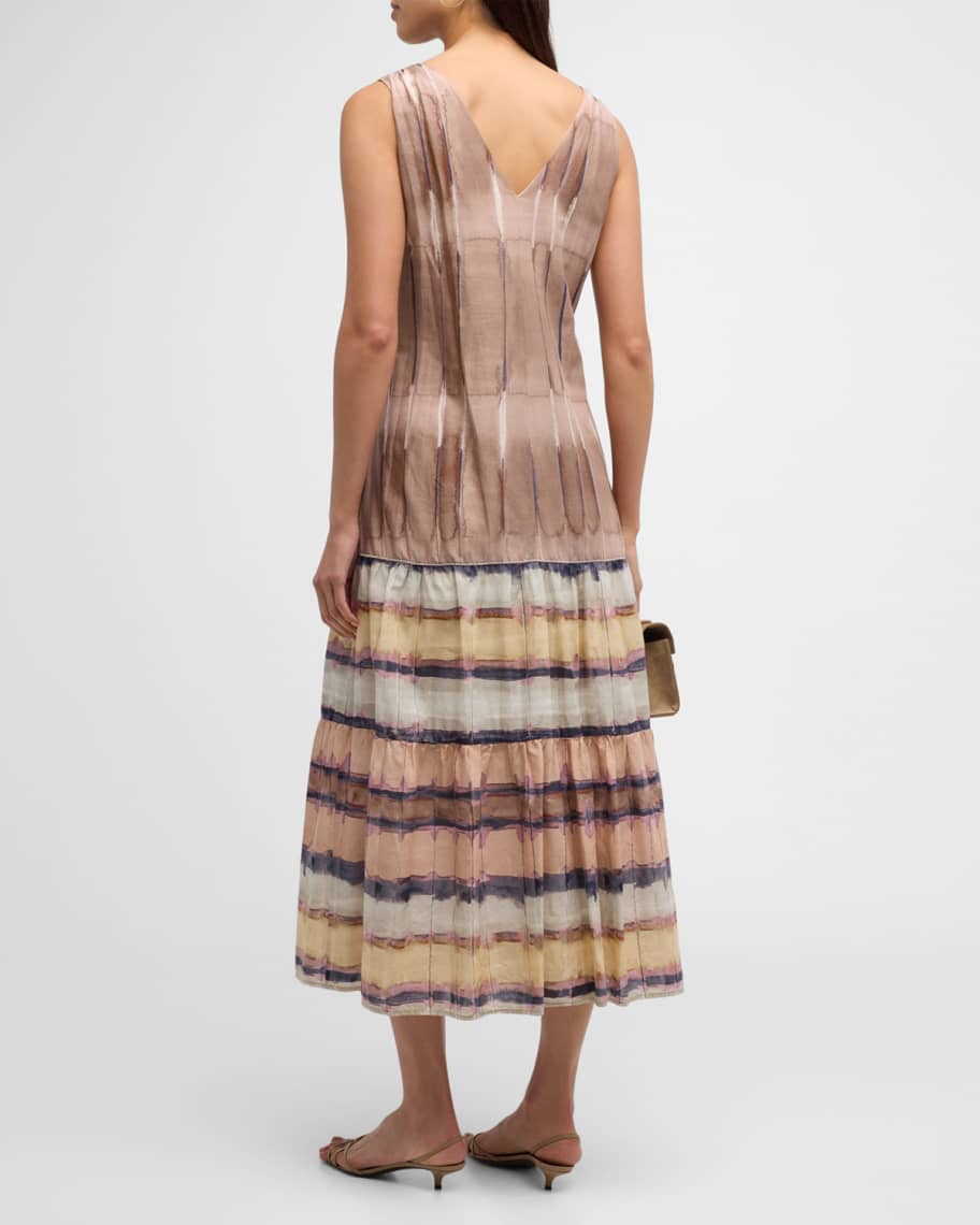 Image 3 of 6: Sleeveless Tiered Watercolor-Print Maxi Dress