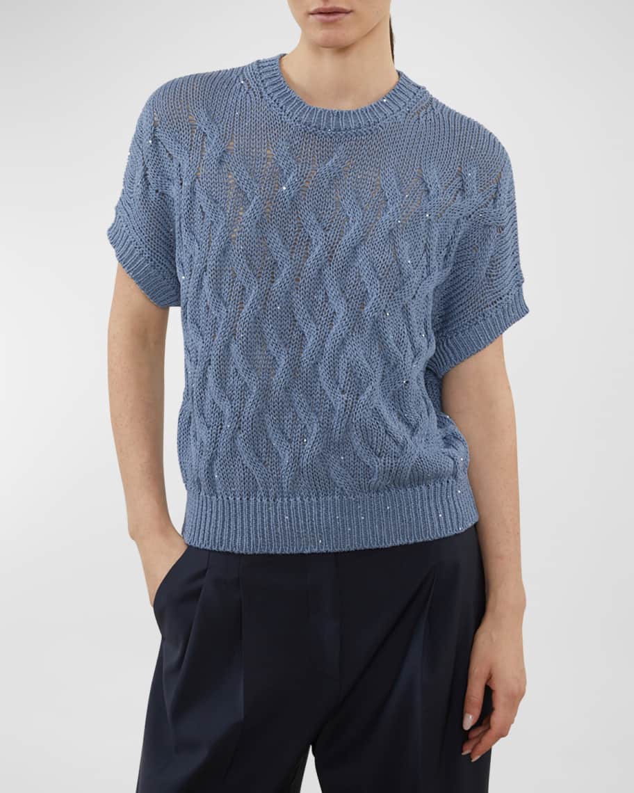 Image 1 of 3: Short-Sleeve Cable-Knit Crewneck Sweater