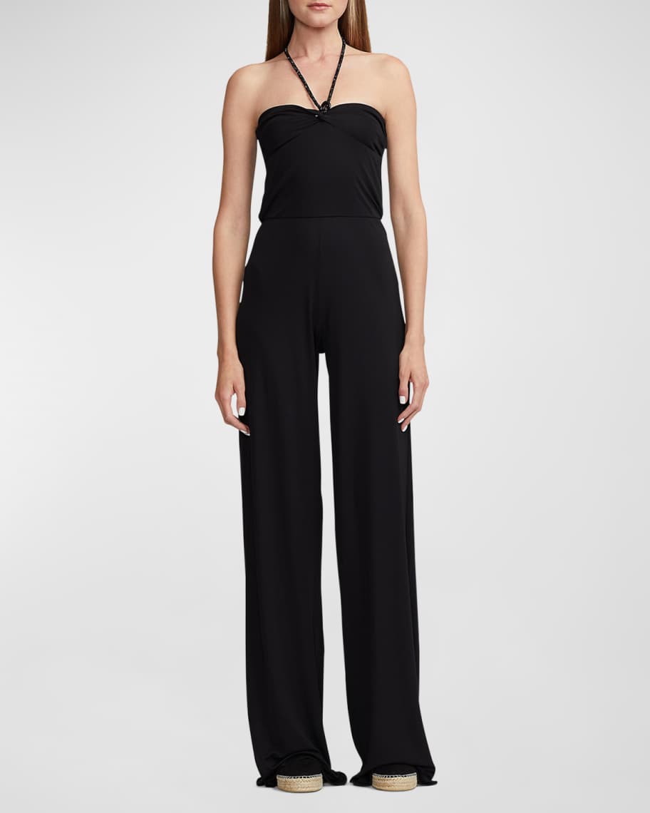 Image 1 of 5: Crystal Interlock Halter Straight-Leg Fluid Jumpsuit