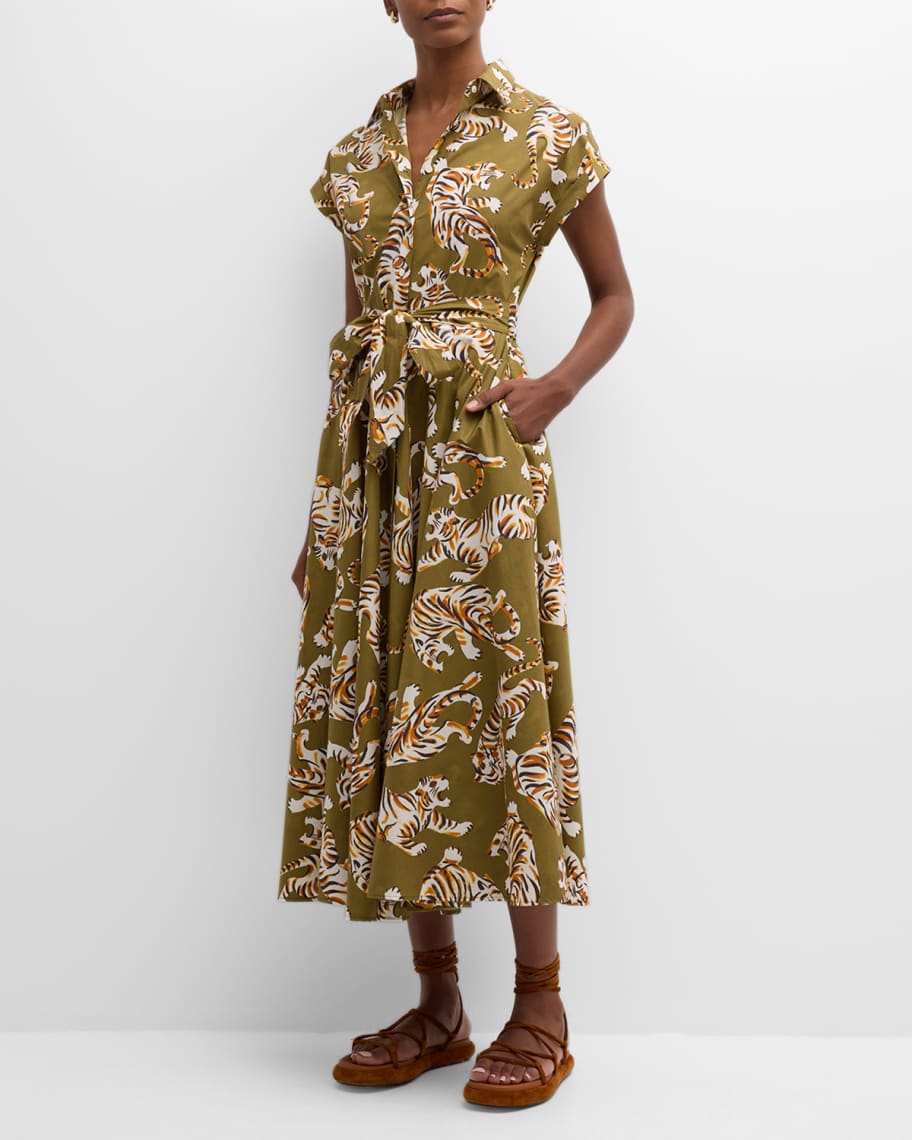 Sara Roka Danielle Cap-Sleeve Tiger-Print Midi Shirtdress | Neiman Marcus