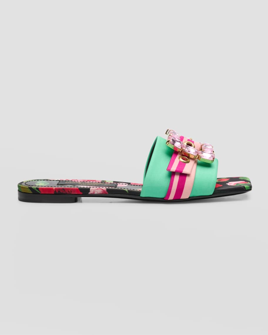Dolce&Gabbana Floral Jewel Buckle Flat Sandals | Neiman Marcus