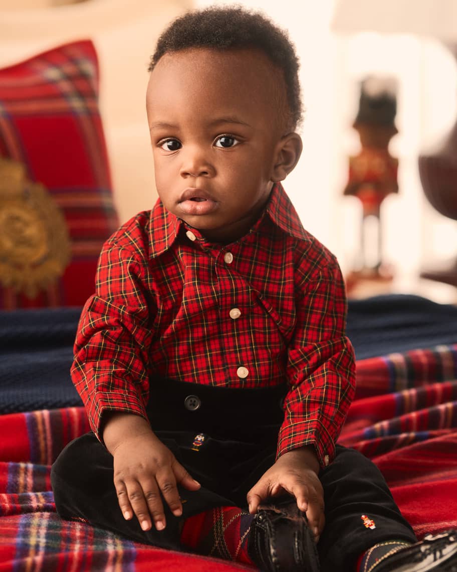 Image 3 of 4: Boy's Plaid-Print Shirt & Embroidered Velvet Pants Set, Size 9M-24M