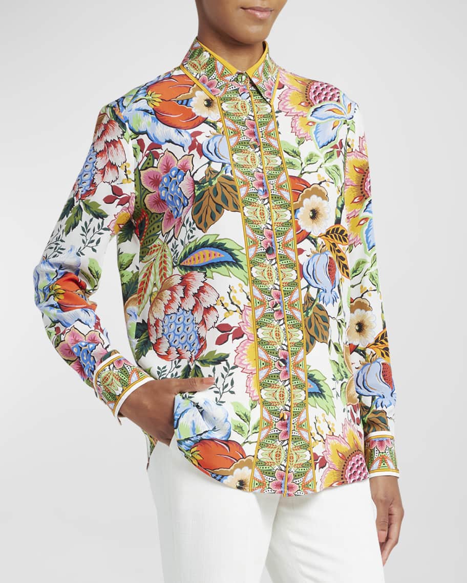 Image 2 of 6: Tree of Life Long-Sleeve Floral Silk Shirt