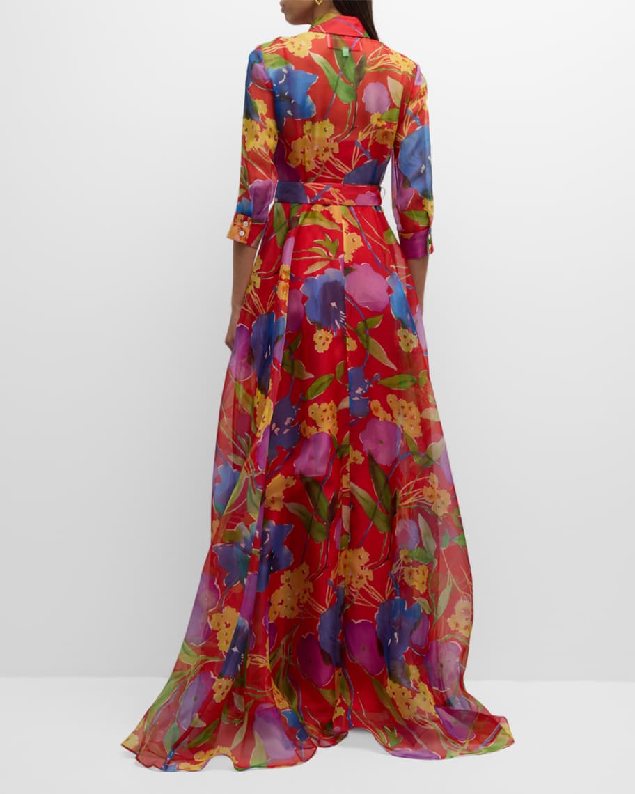 Image 3 of 6: Floral-Print Belted Trench Gown