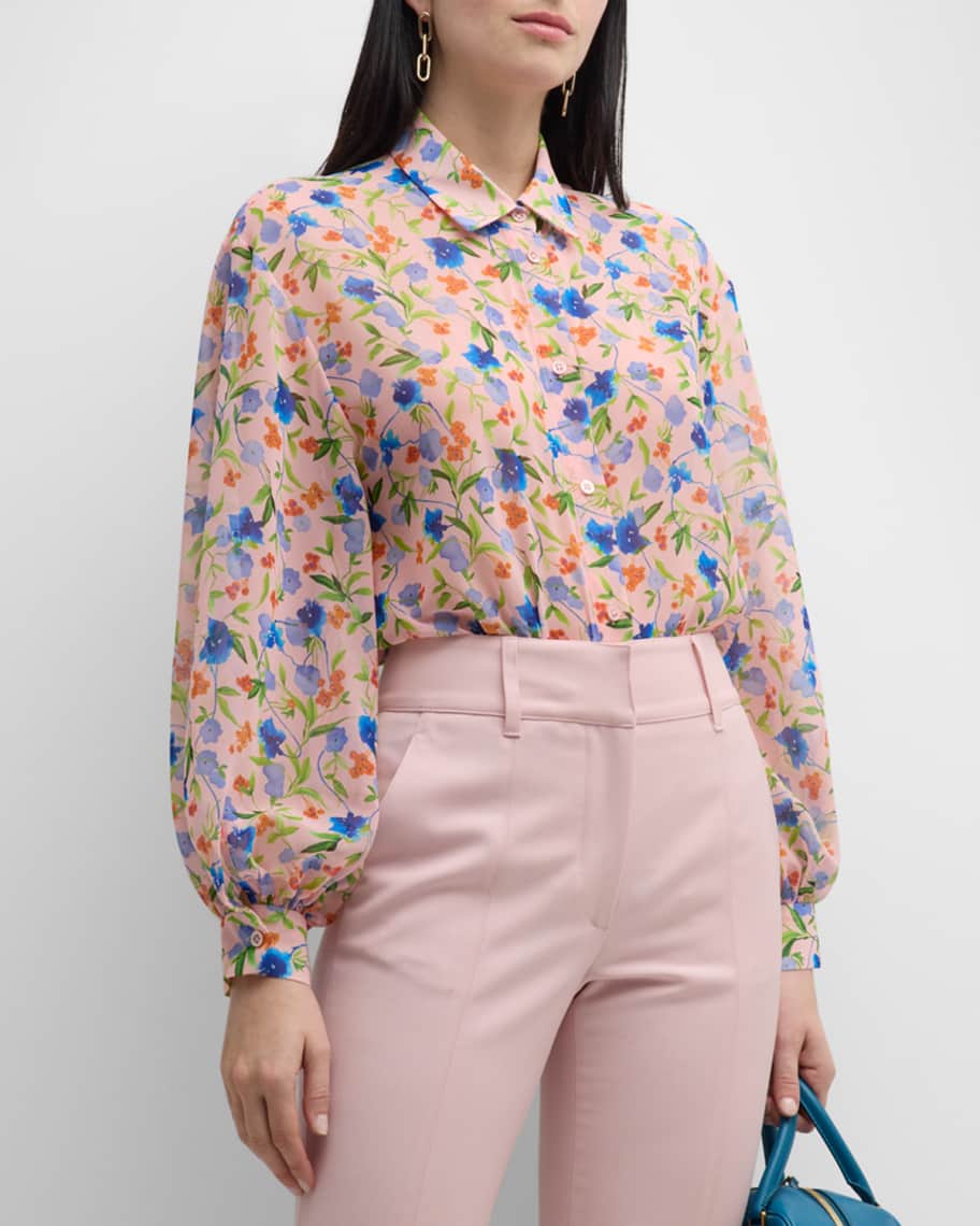 Image 3 of 6: Floral-Print Button-Front Top with Balloon Sleeves