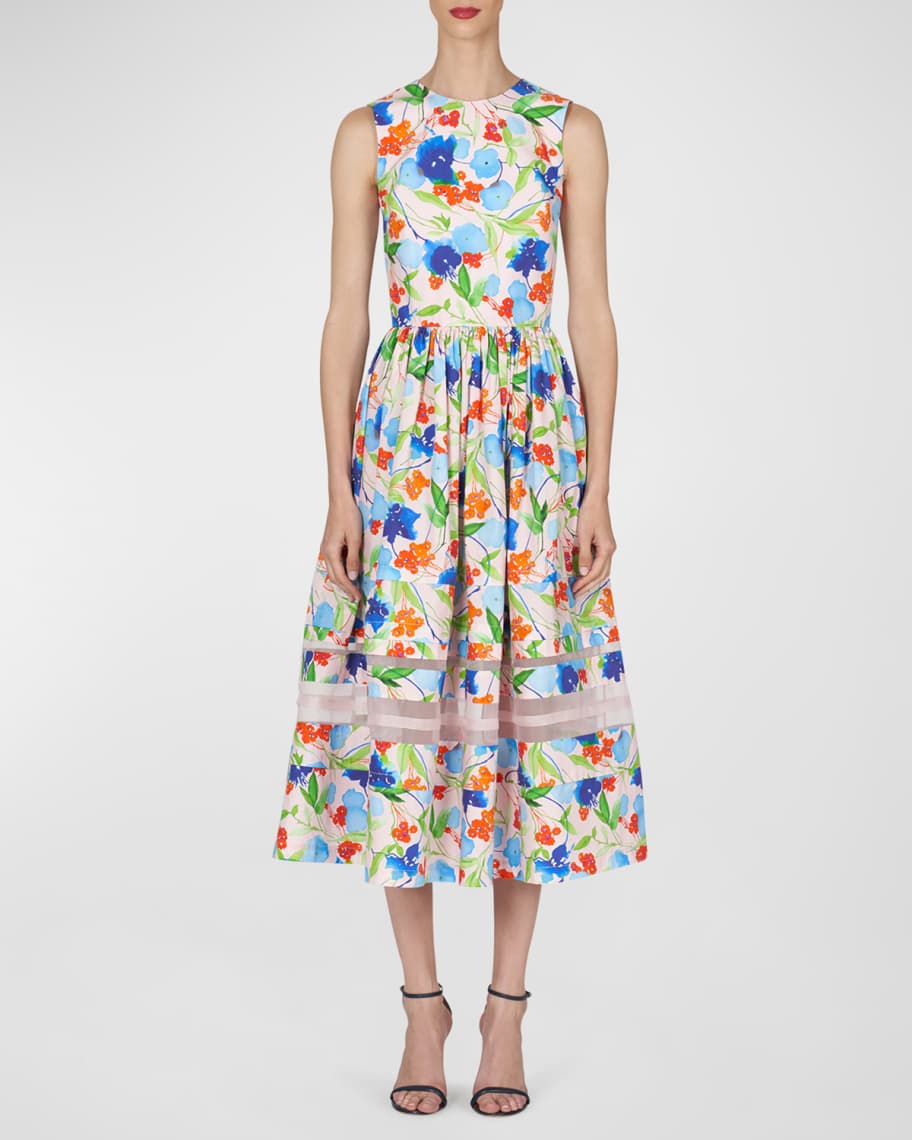 Carolina Herrera Floral-Print Midi Dress with Organza Detail | Neiman ...