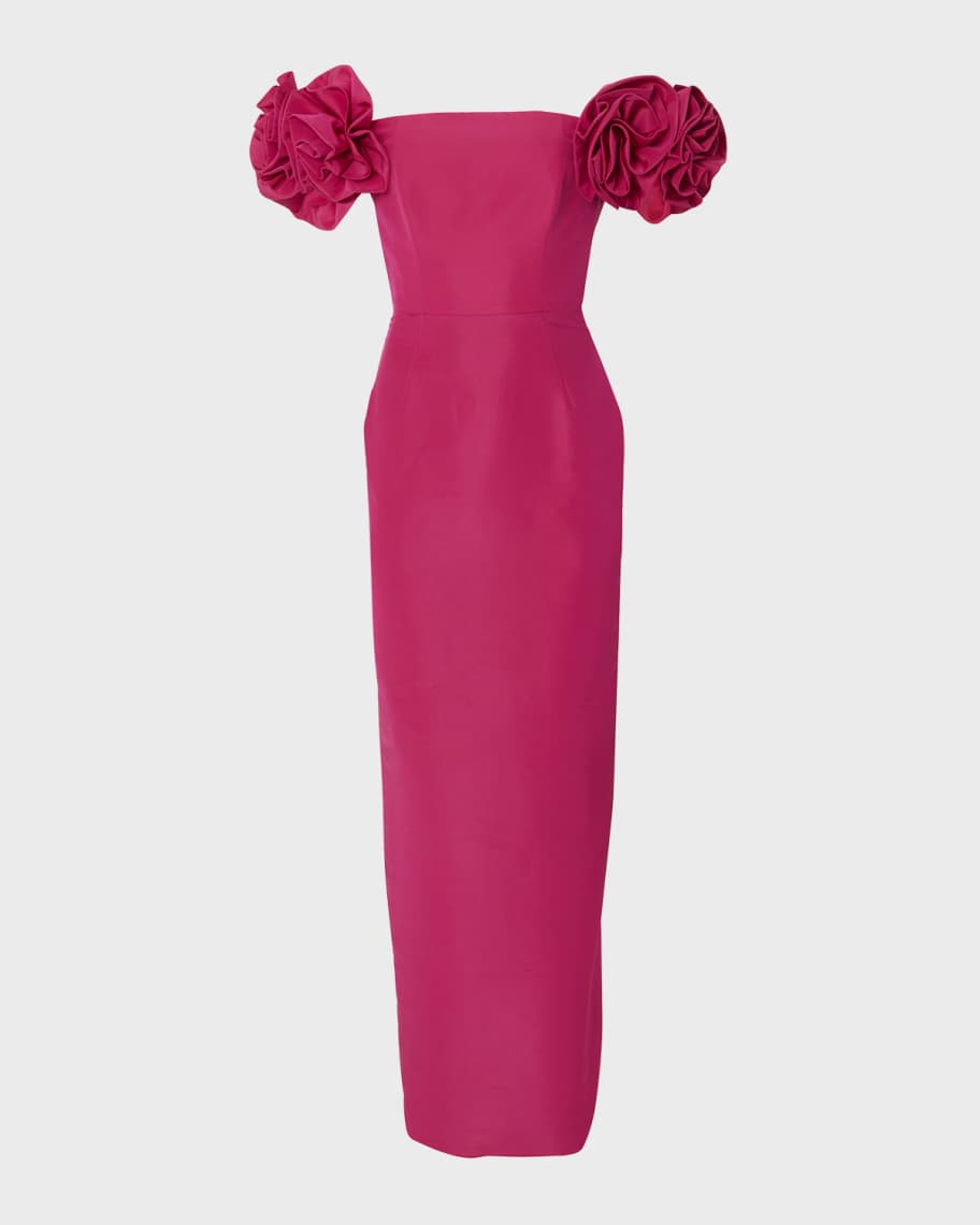 Image 1 of 4: Off Shoulder Column Gown with Flower Detail