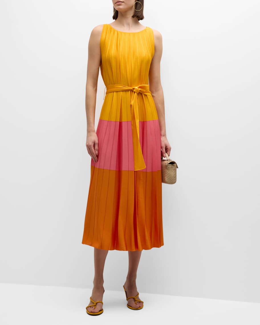 Image 2 of 6: Colorblock Pleated Knit Maxi Dress with Tie Belt