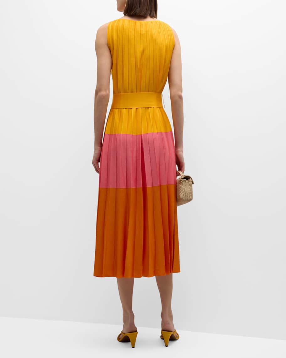 Image 3 of 6: Colorblock Pleated Knit Maxi Dress with Tie Belt