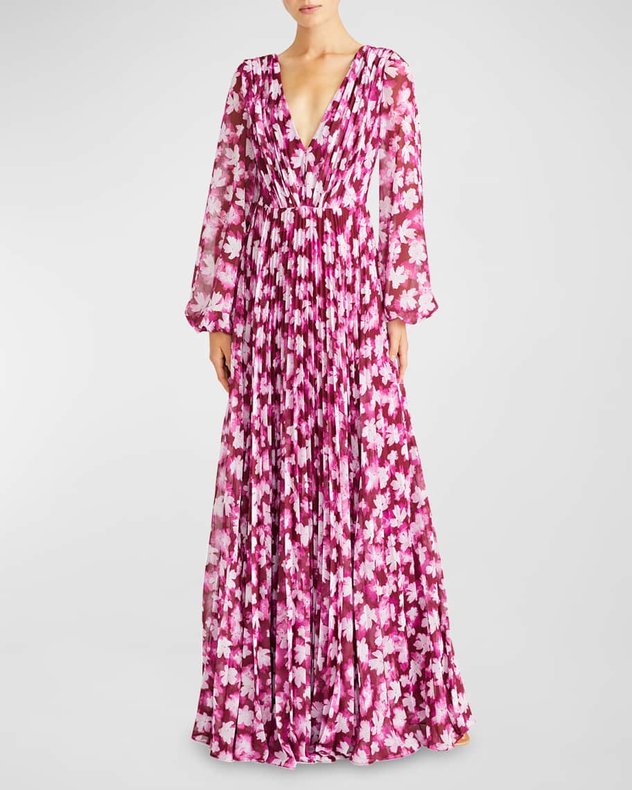 ML Monique Lhuillier Melanie Pleated Floral-Print Chiffon Gown | Neiman ...