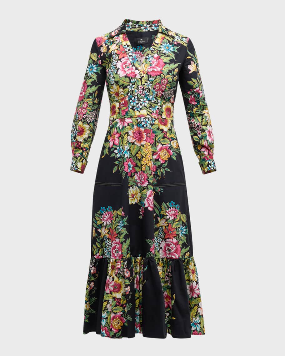 Image 2 of 6: Bouquet Floral V-Neck Long-Sleeve Cotton Midi Shirtdress