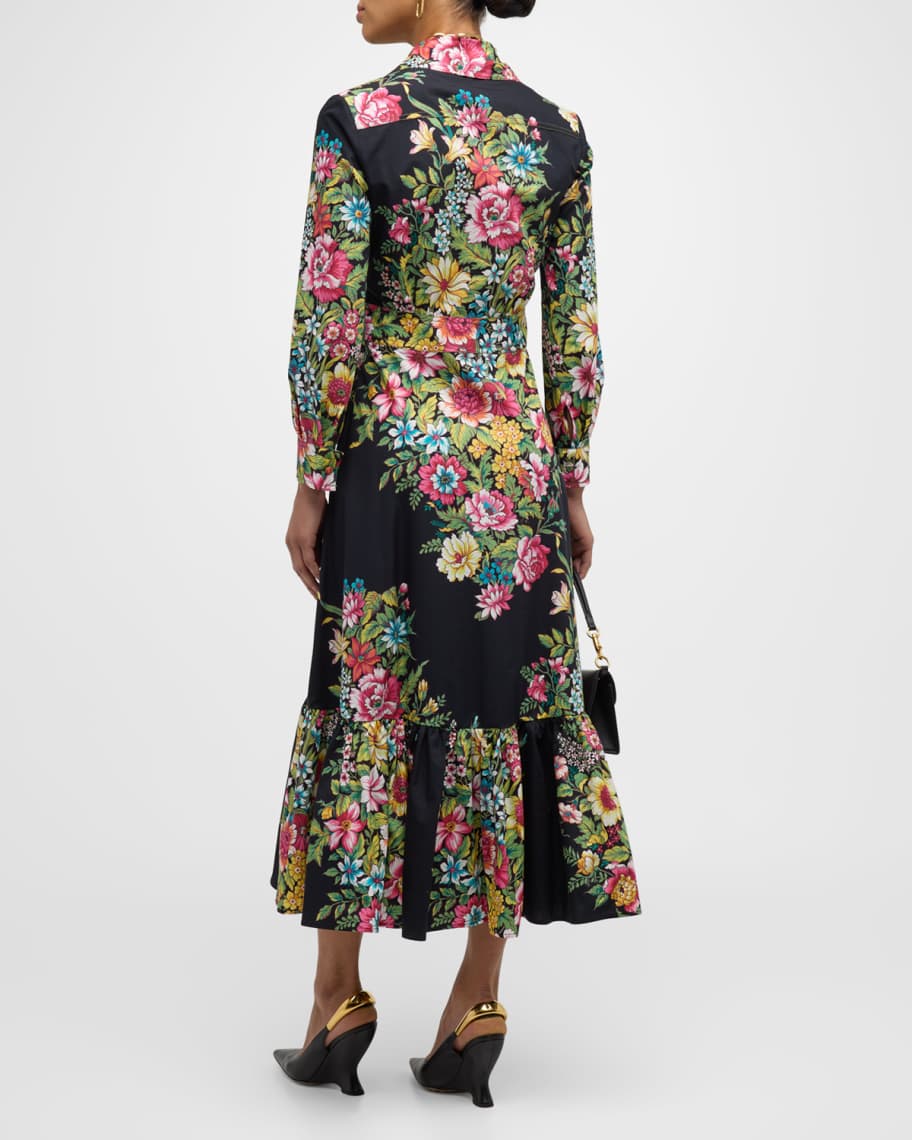 Image 3 of 6: Bouquet Floral V-Neck Long-Sleeve Cotton Midi Shirtdress