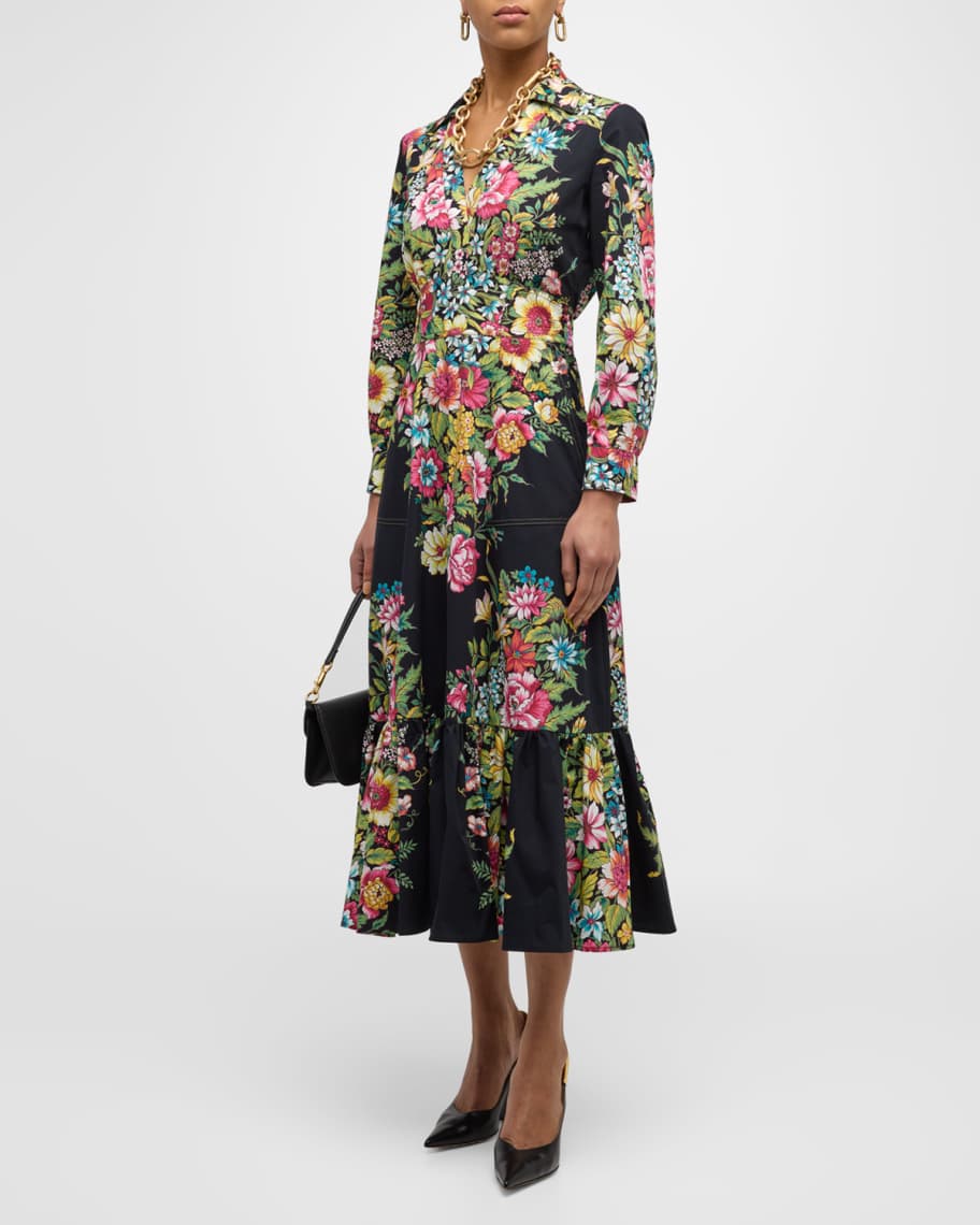 Image 1 of 6: Bouquet Floral V-Neck Long-Sleeve Cotton Midi Shirtdress