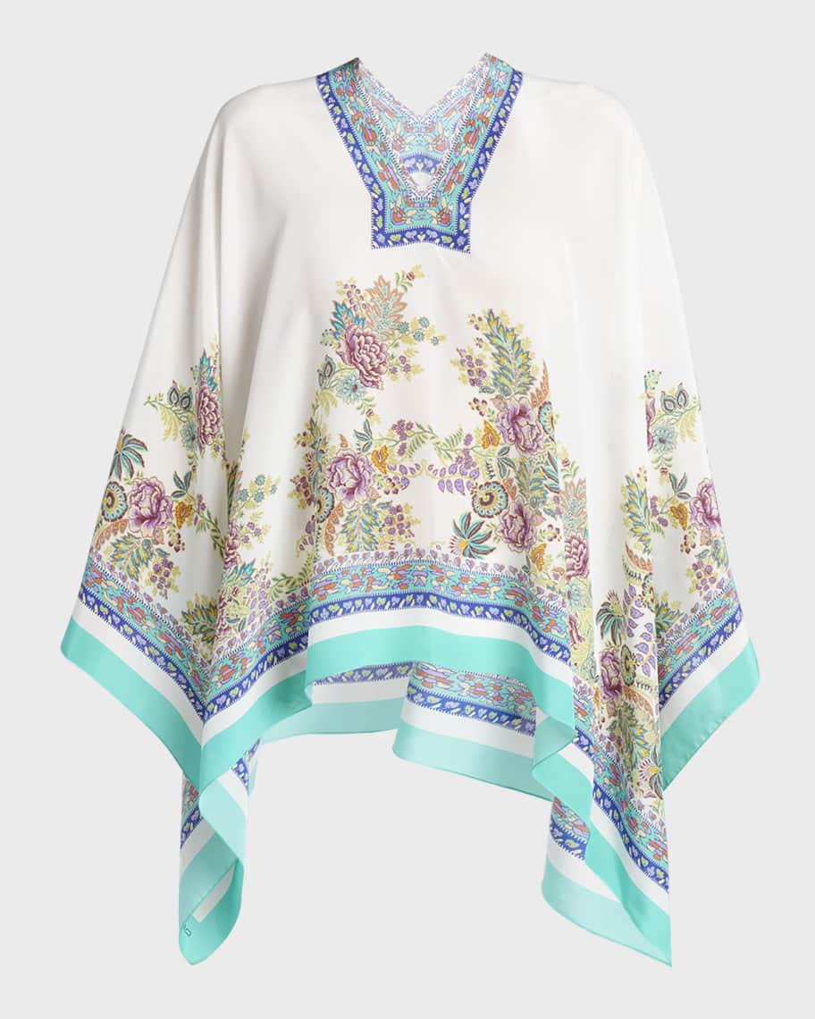 Image 1 of 6: Floral Border-Print V-Neck Silk Poncho