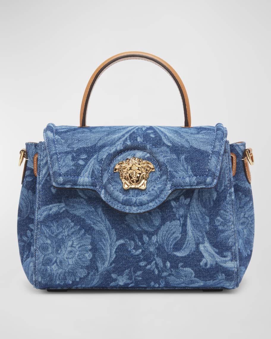Versace La Medusa Floral Denim Top-Handle Bag | Neiman Marcus
